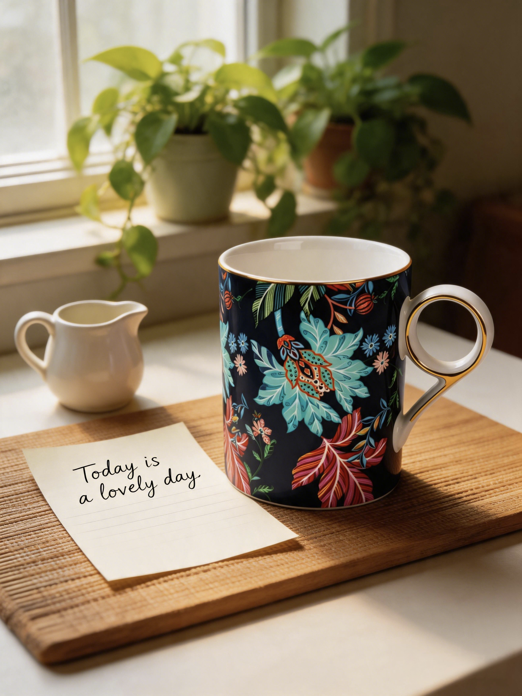Clarence Mug (350ml) Blue, navy blue floral porcelain mug on wooden tabletop with green plants and handwritten note by window