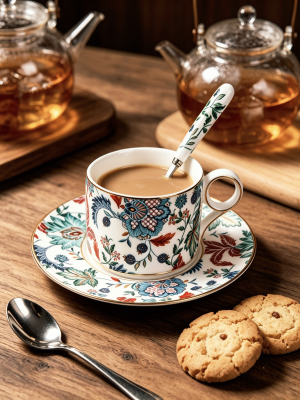 Clarence 3-piece Coffee Cup and Saucer Set – No Floral Decal, white floral porcelain cup saucer spoon set with coffee and cookies on wooden tabletop